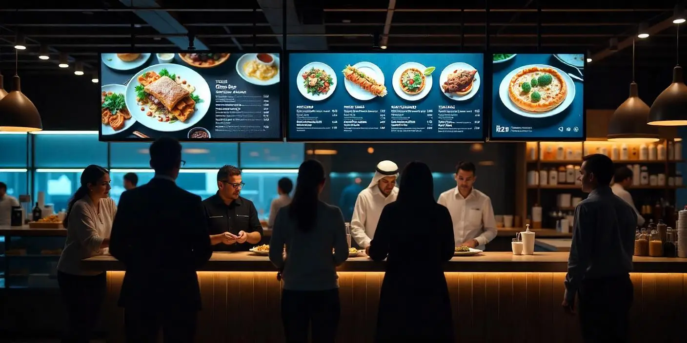 Create a high-quality cinematic animation showing dynamic digital menu boards in a modern restaurant setting. Display ultra-sleek, eye-catching menu screens with real-time updates, animations, and vivid food visuals. Show customers interacting with the menus via touch or QR codes. Include keywords like ‘smart restaurant technology’, ‘dynamic digital menus’, ‘interactive food ordering’, and ‘AI-powered digital signage’. Highlight vibrant graphics, engaging transitions, and a premium dining ambiance designed to impress customers and boost sales. Add subtle branding elements and natural camera movement to showcase a tech-savvy, futuristic dining experience.